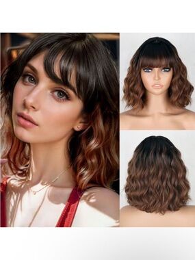 Wavy Ombre Brown Women’s Short Wig with Bangs